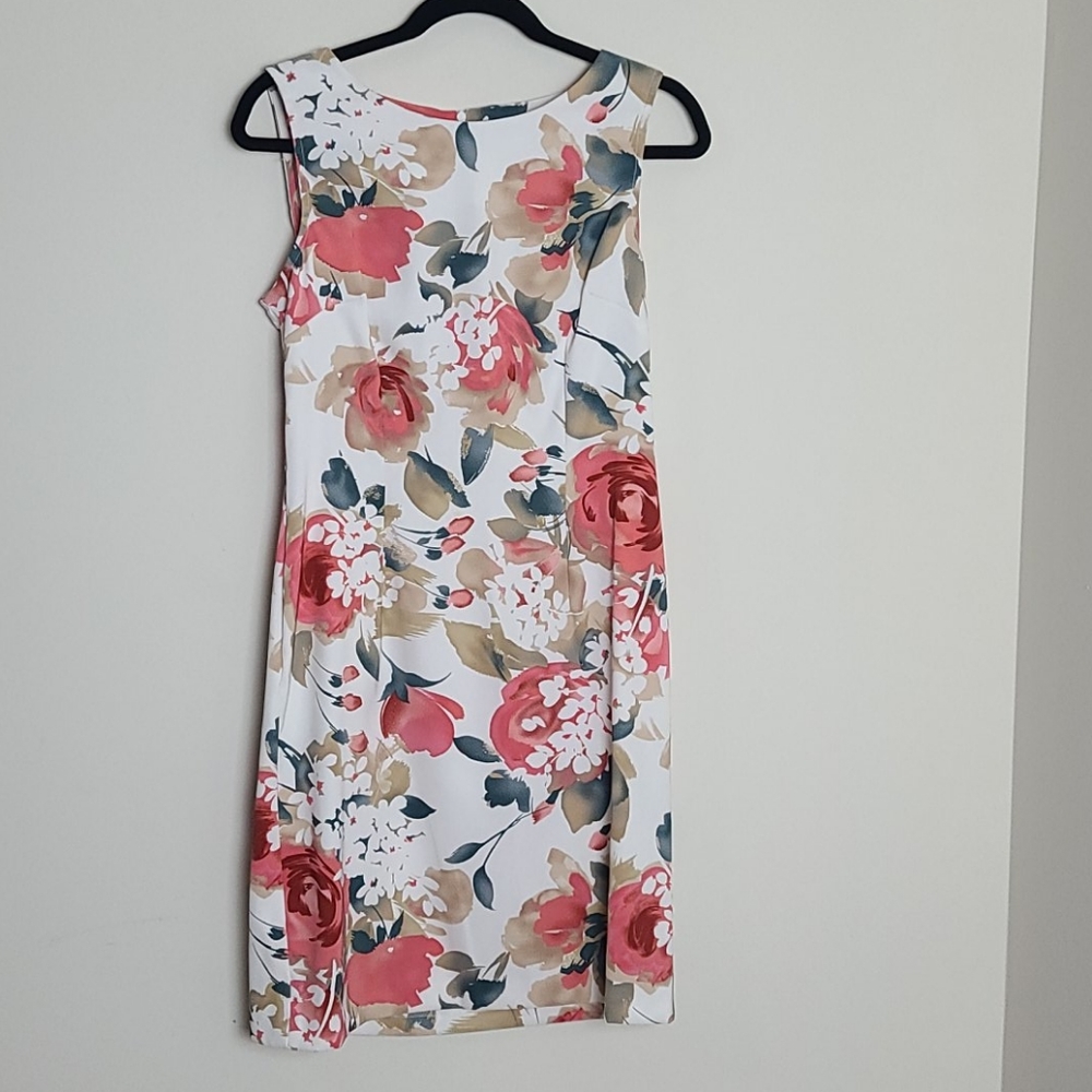 connected apparel White Floral Sheath Dress with Coral and Green